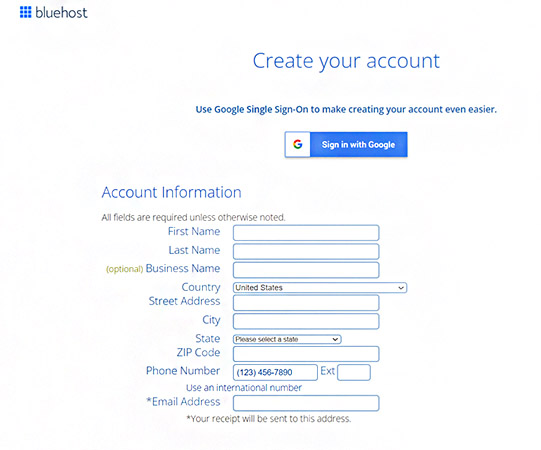 Bluehost webmail账户注册页面截图