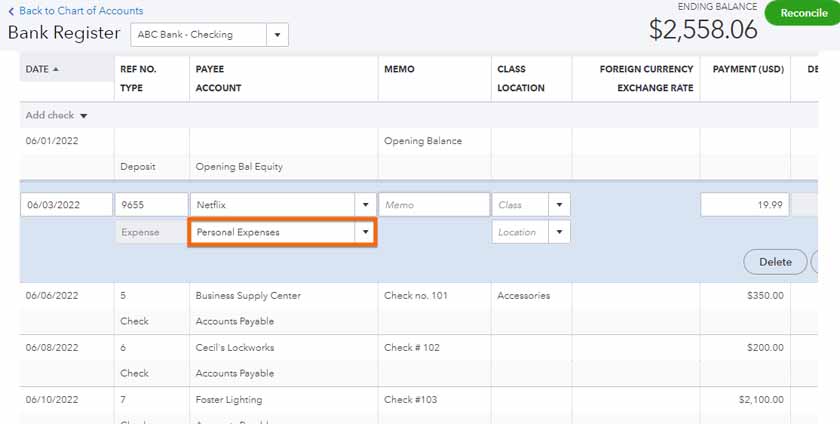 List of transactions associated with a bank account in QuickBooks Online.