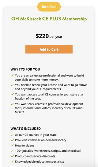 Screenshot of continuing education package features and pricing