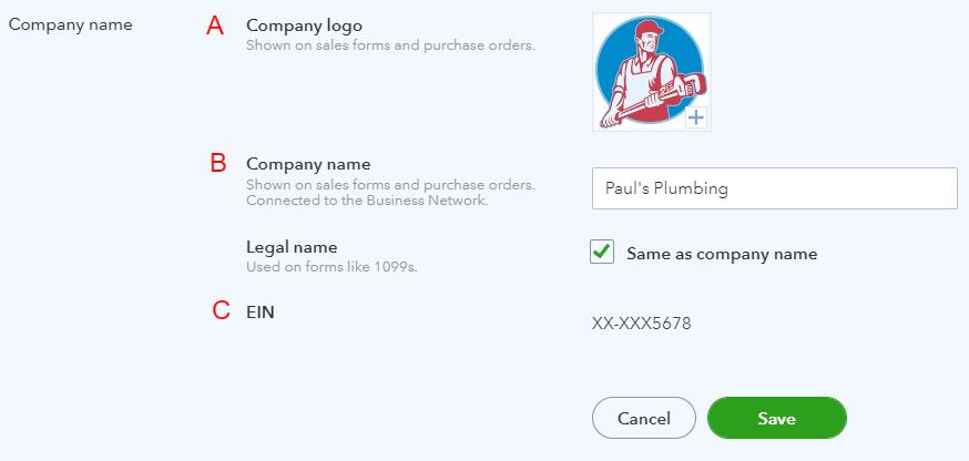 Company name section where you can upload your logo, change company name, and add an employer identification number