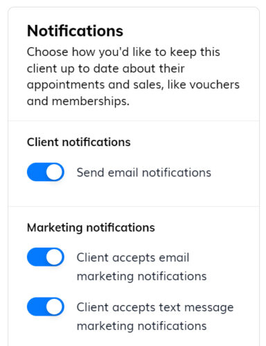 Page showing settings for Fresha client notifications.