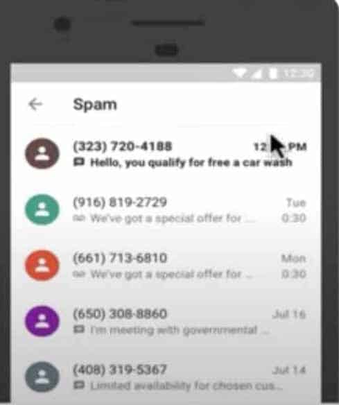 Graphics of Google Voice on a mobile device showing a spam call filter.
