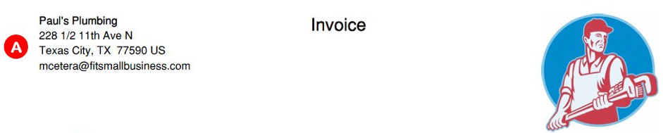 Image showing an invoice's company details, title, and logo.