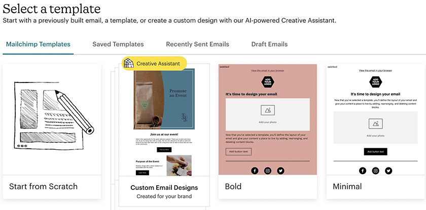 Browsing email templates in Mailchimp.