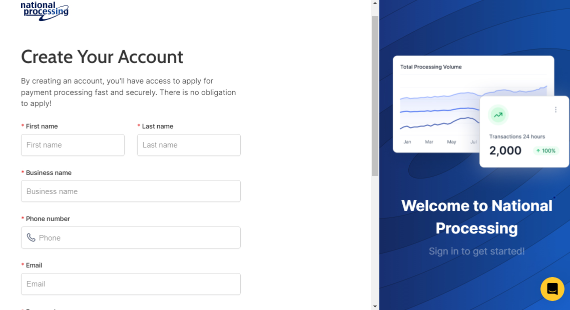 National Processing create account page.