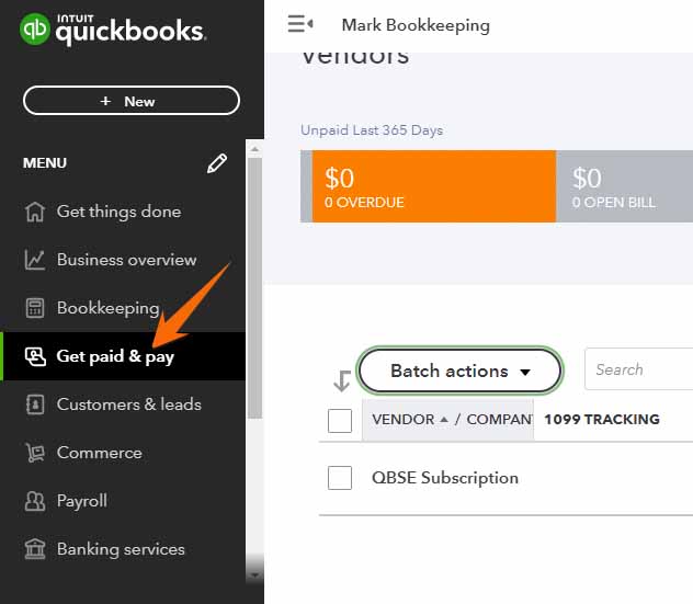 屏幕显示如何导航到the vendor list in QuickBooks Online.