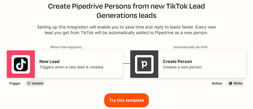Pipedrive integration with TikTok through Zapier