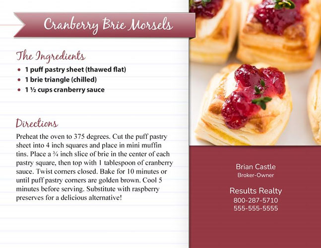 房地产明信片与蔓越莓布里干酪小块食谱从ProspectsPLUS!