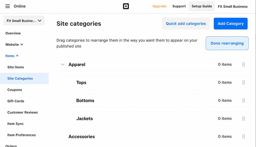 Square's Site Categories page under 
