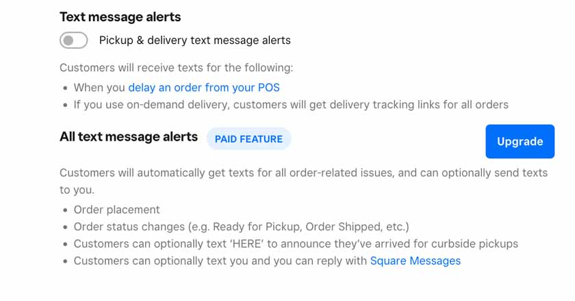 Settings for text message alerts within the Square Online.