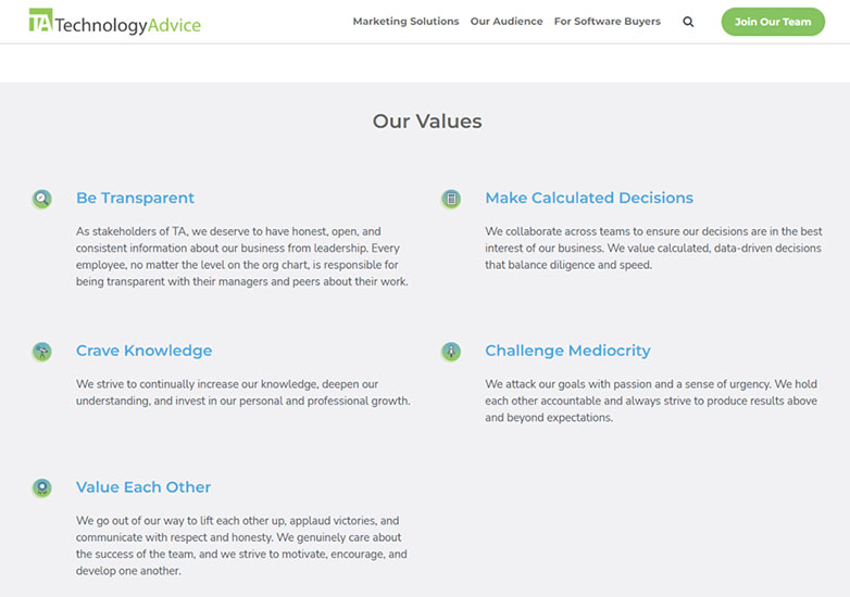 A screenshot of Technology Advice's corporate values