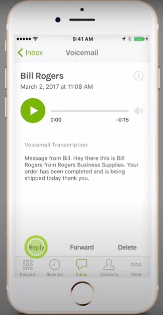 eVoice iPhone application showing voicemail messages transcribed to text.
