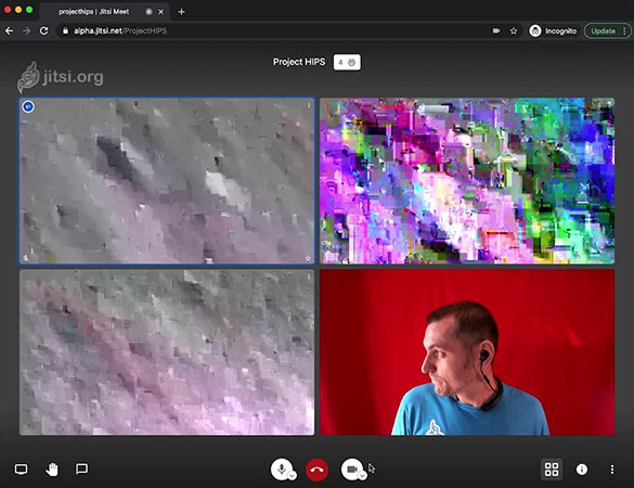 A live Jitsi video meeting showing three pixelated thumbnails and one with a clear image