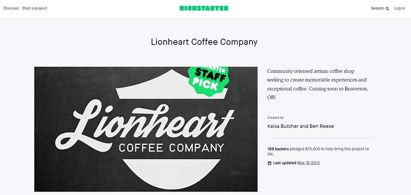 狮心咖啡公司的Kickstarter页面。