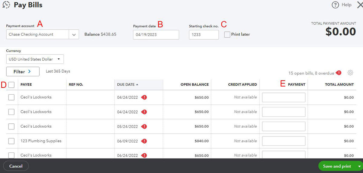在线支付账单屏幕QuickBooks显示差异erent labeled sections, such as Payment account and Payment date.