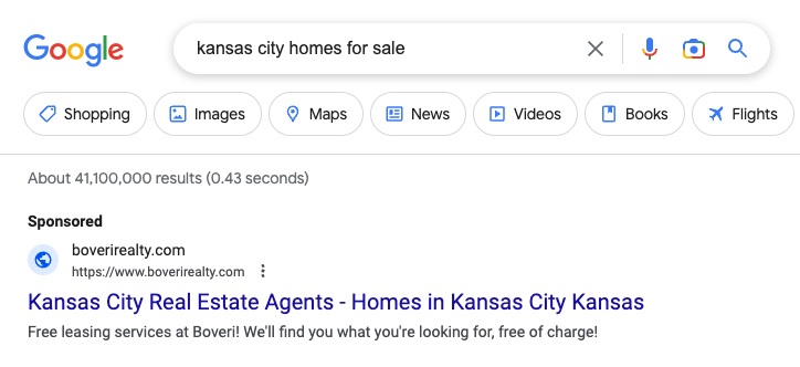房地产谷歌广告的例子。