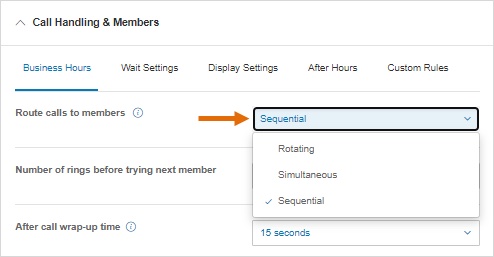 RingCentral’s Call Handling & Members settings interface showing the call routing feature, which has a drop down menu that includes the options sequential, rotating, simultaneous, and sequential
