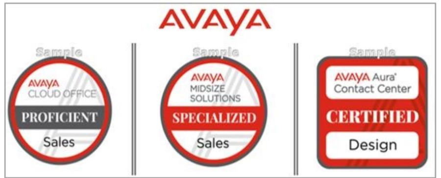 Graphics of three types of Avaya digital badges: Proficient, Specialized, and Certified.