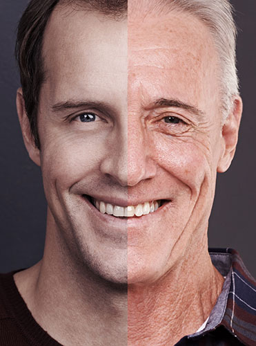 A man with his face divided by his younger and older self.
