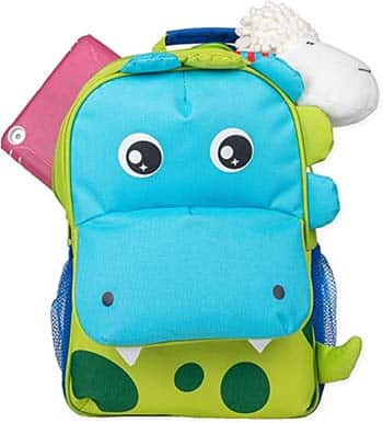蓝色和绿色的恐龙背包，上面有羊羔和iPad。