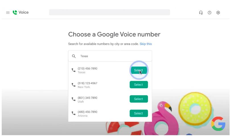 Google Voice interface showing the “Choose a Google Voice Number” option, the word Texas in the search bar, and a list of local numbers in the dropdown menu.