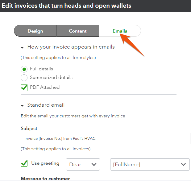 Invoice customization tab in QuickBooks highlighting the Emails column