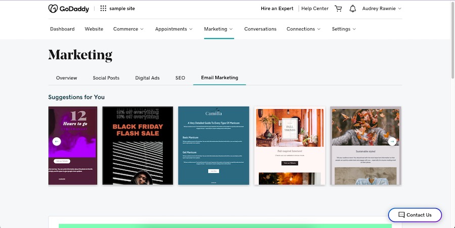 The email marketing tab inside GoDaddy's Marketing hub with premade email templates
