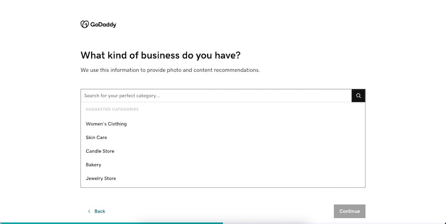 GoDaddy's onboarding prompt for your business type
