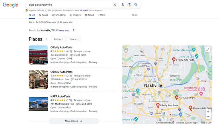 谷歌商业页面显示在地图包的截图