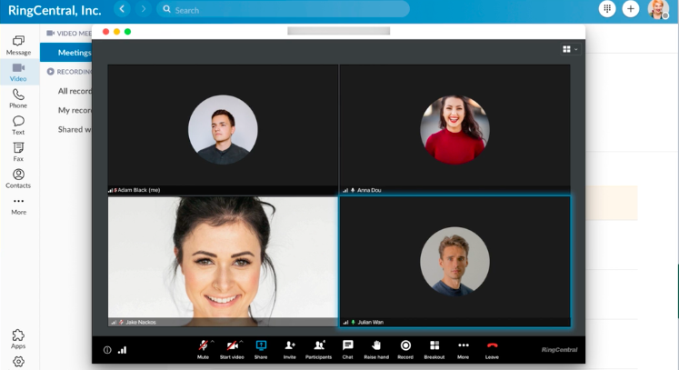 An ongoing meeting on RingCentral with four video thumbnails shown