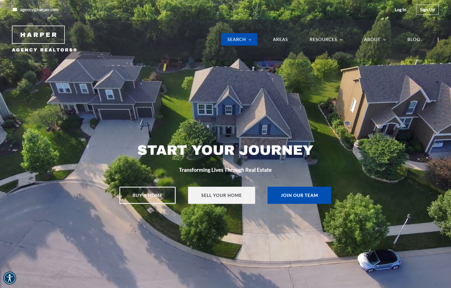 Landing page with a aerial view of home and search bar in middle of page.