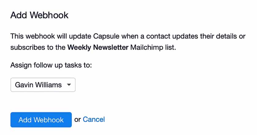Adding webhook for CRM data updates from Mailchimp to Capsule CRM.