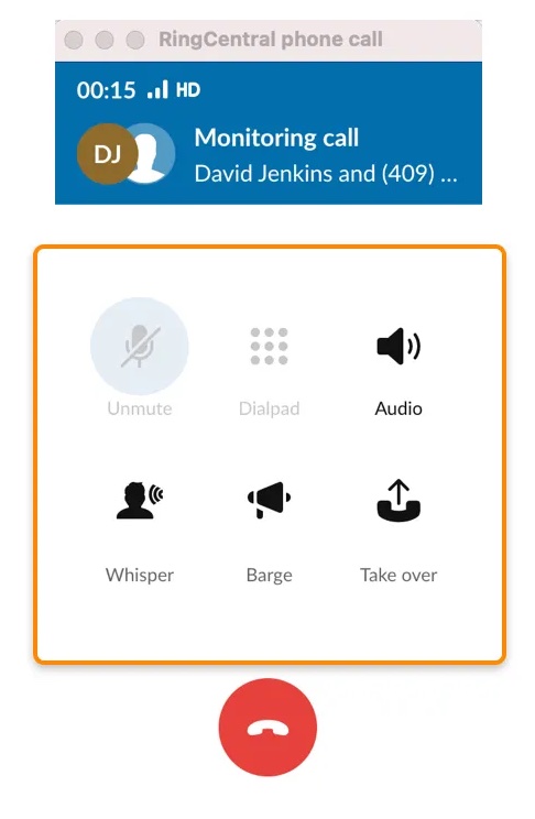A live phone call being monitored on RingCentral. The user has the option to use 
