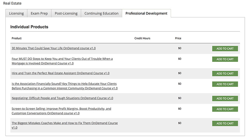 Different courses for professional development and green button to purchase course.