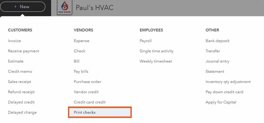 Section in QuickBooks showing where you can navigate to the Print checks window.