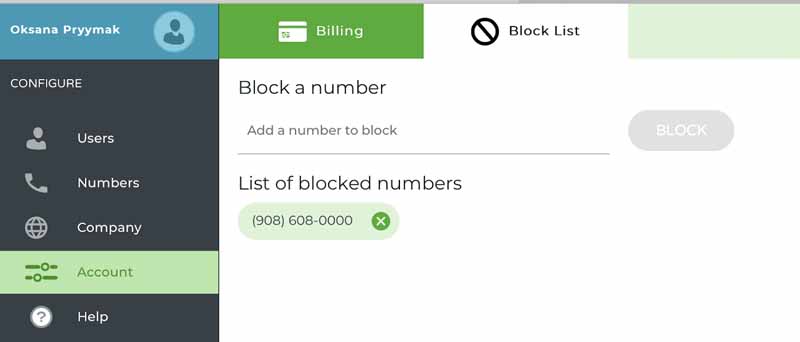 Phone.com界面突出显示帐户选项卡nd the Block List feature, which has an input field for adding a phone number to block.
