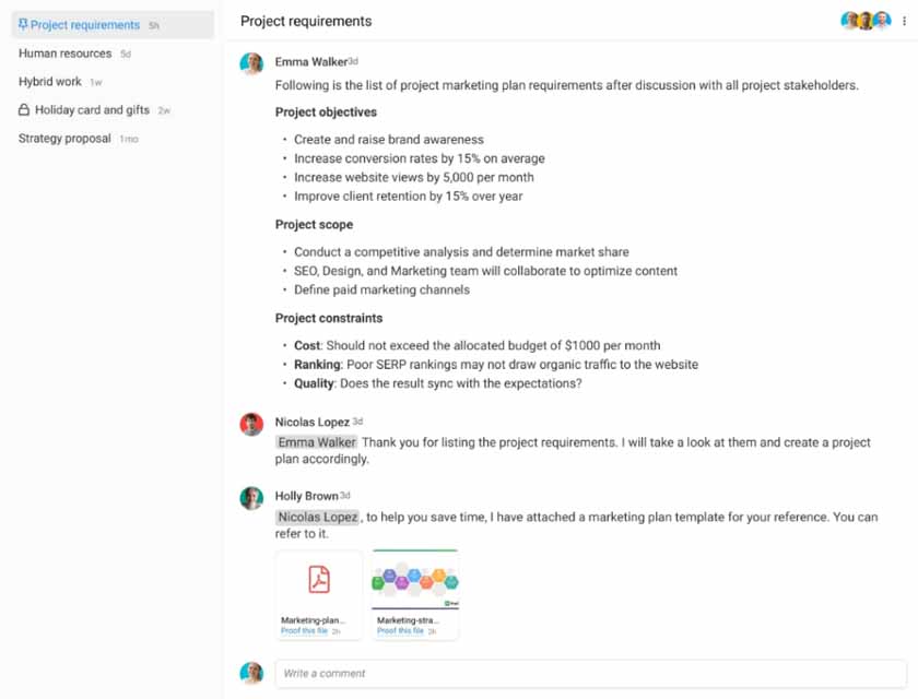 An example ProofHub's project discussion feature.
