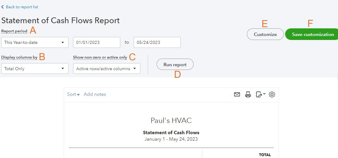 Screen where you can adjust basic options for your cash flow report in QuickBooks Online.