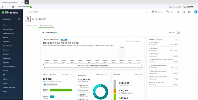 Image of QuickBooks Online's dashboard as viewed from the Desktop version.