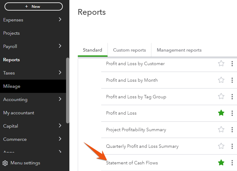 Select statement of Cash Flows from the Reports menu in Business overview.