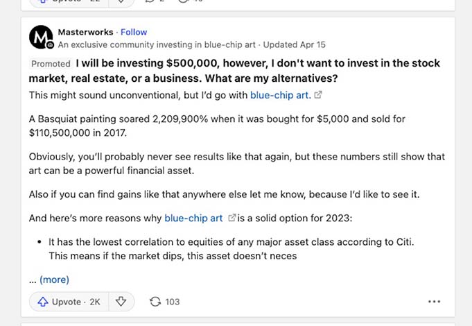 An example of a promoted answer on Quora about stock market investments.