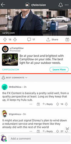 An example of a conversation placement ad on Reddit for an outdoor gear brand