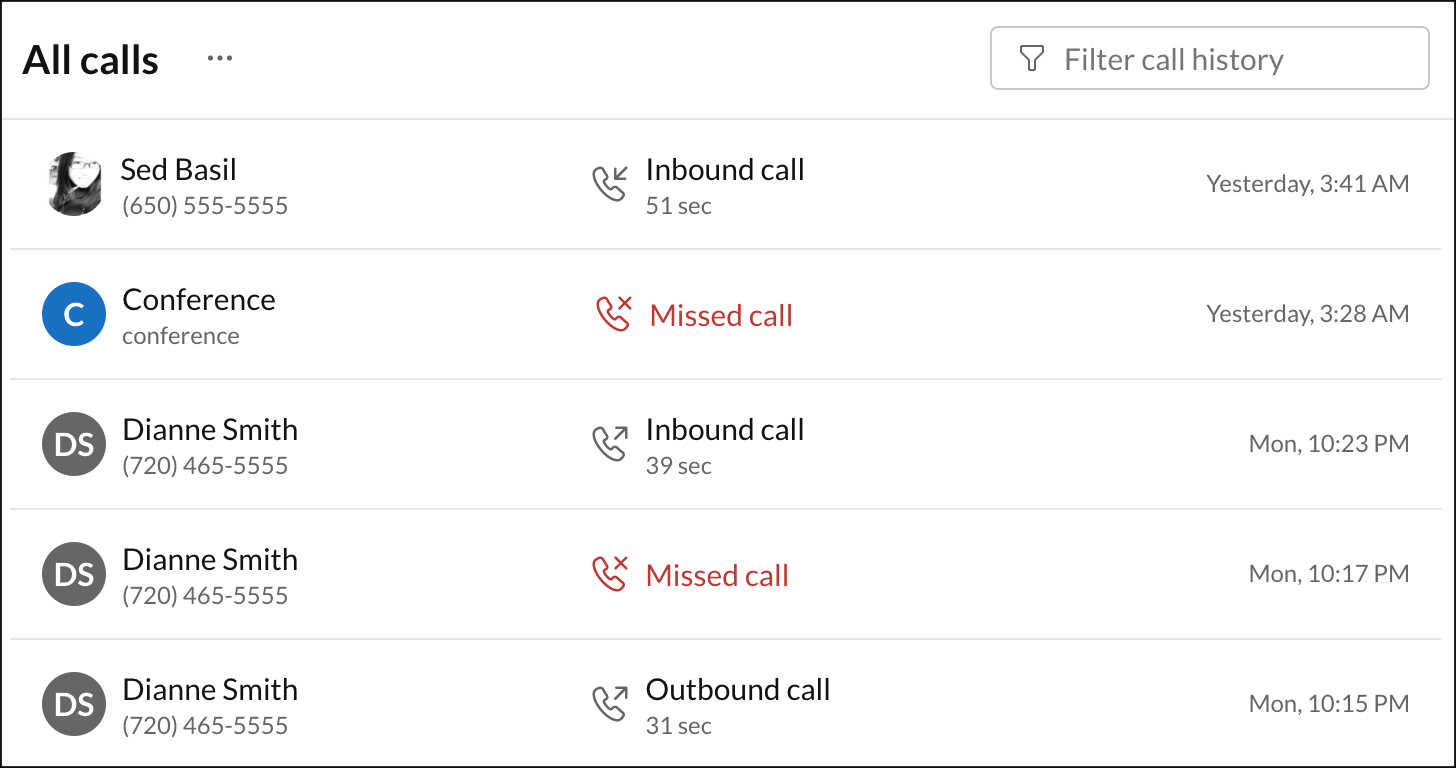 All calls page interface showing inbound, outbound, and missed calls.