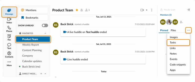 RingCentral desktop app showing a chat thread and boxes that highlight the 