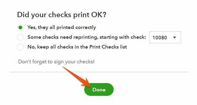 Message prompt asking whether your checks successfully print in QuickBooks