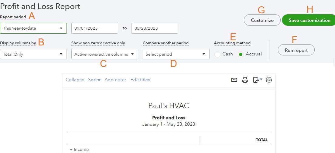 Screen where you can setup and customize your profit and loss reports in QuickBooks Online