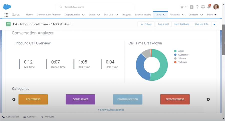 A screenshot of Vonage Conversational Analyzer displaying key insights from an inbound call.