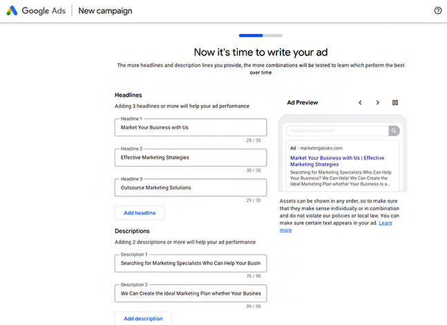 Write Google Ad headlines and descriptions