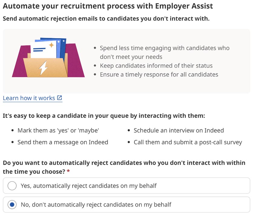 Indeed's employer assist information.