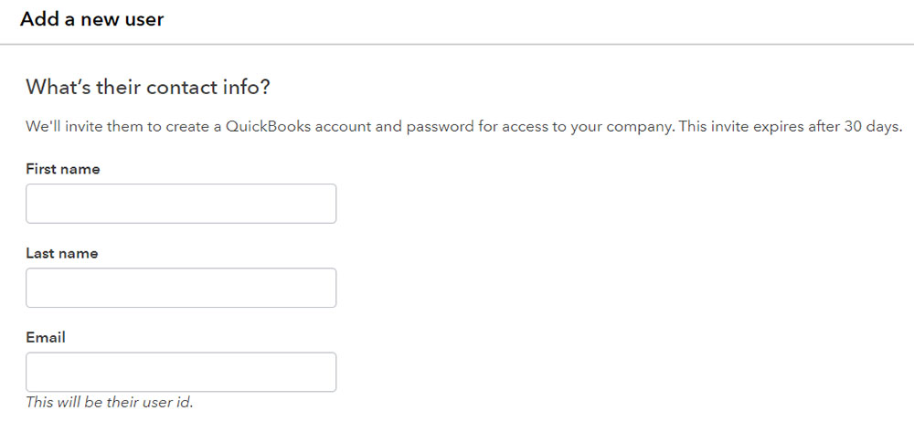 Screen where you can enter the contact details of a new user in QuickBooks Online.